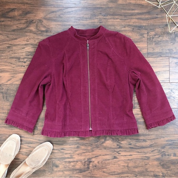 Sandro • burgundy corduroy jacket cropped 3/4 sleeve ruffle trim zip front - Picture 1 of 6